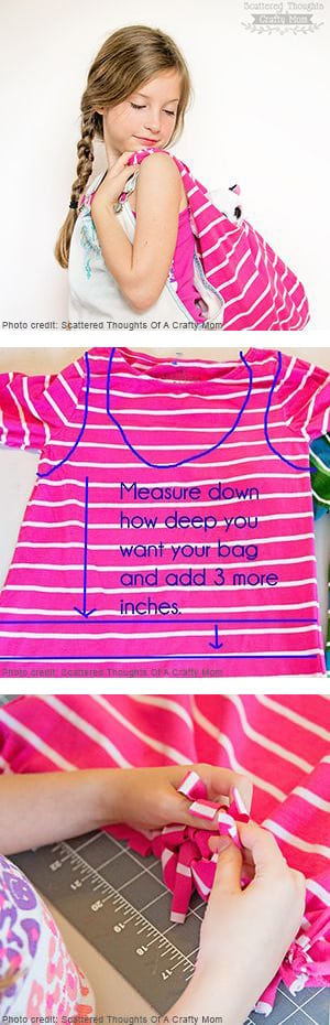 Upcycyling directions for how to make a tote bag from a t-shirt